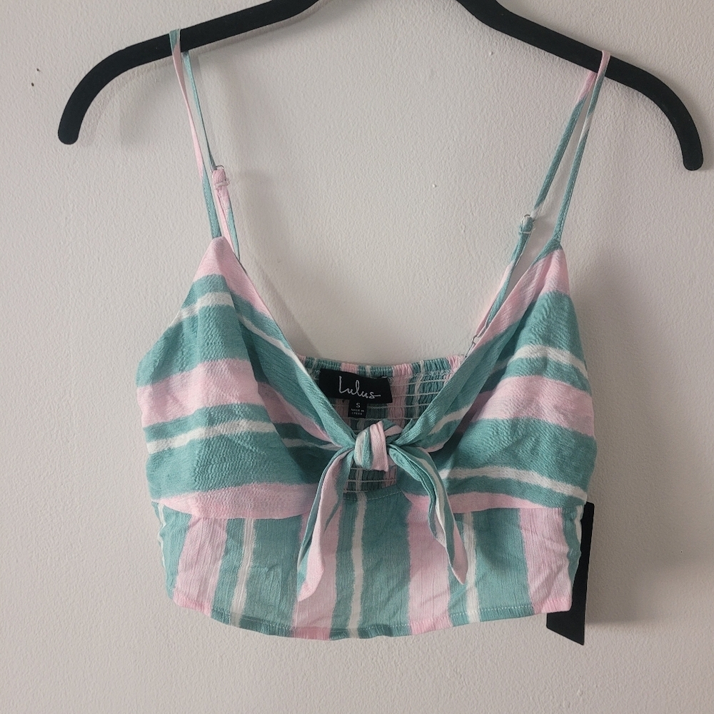 Lulu's Pink & Teal Stripe Tie-Front Crop Top